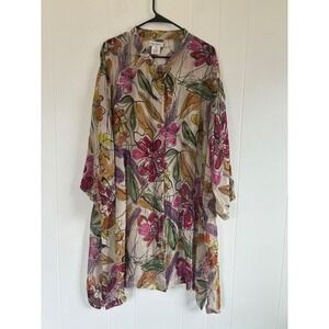 Ulla Popken Floral Sequin Tunic Womens 24 Sheer Lagenlook Button Up Multicolor